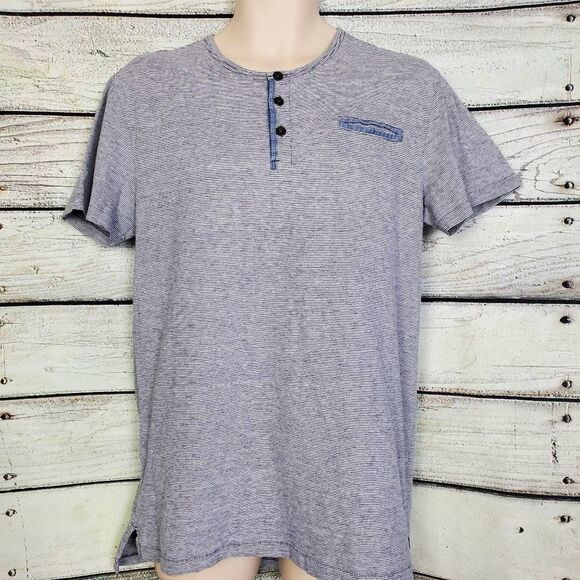 Outpost Makers Men’s L Blue Striped Short Sleeve Henley Casual Shirt - Picture 1 of 7